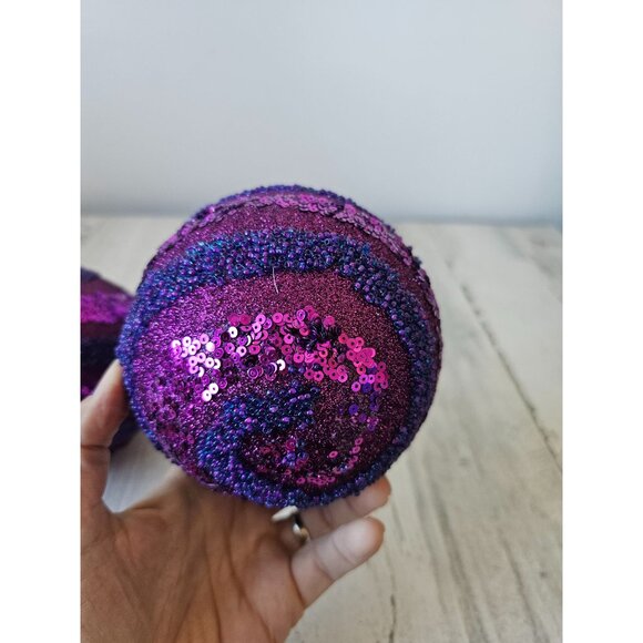 Purple sequin stripe beaded large ornament unique set Xmas tree - Picture 5 of 6